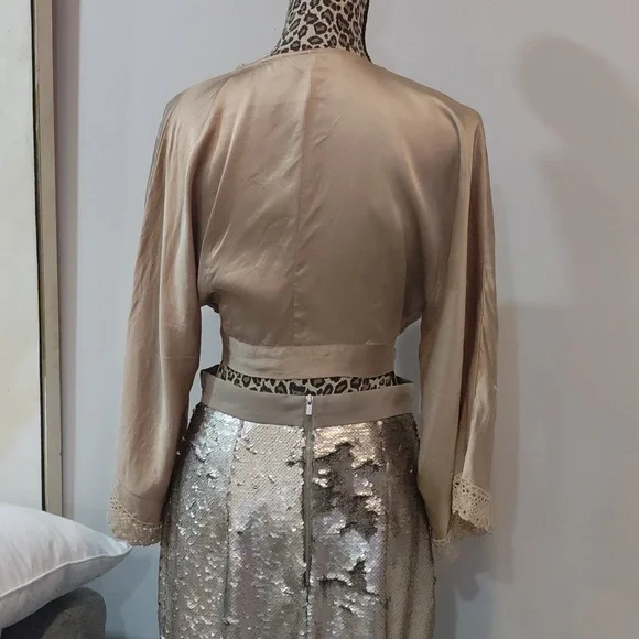 100% Silk Beige Satin Embroidered Tie-Front Top - Picture 4 of 13